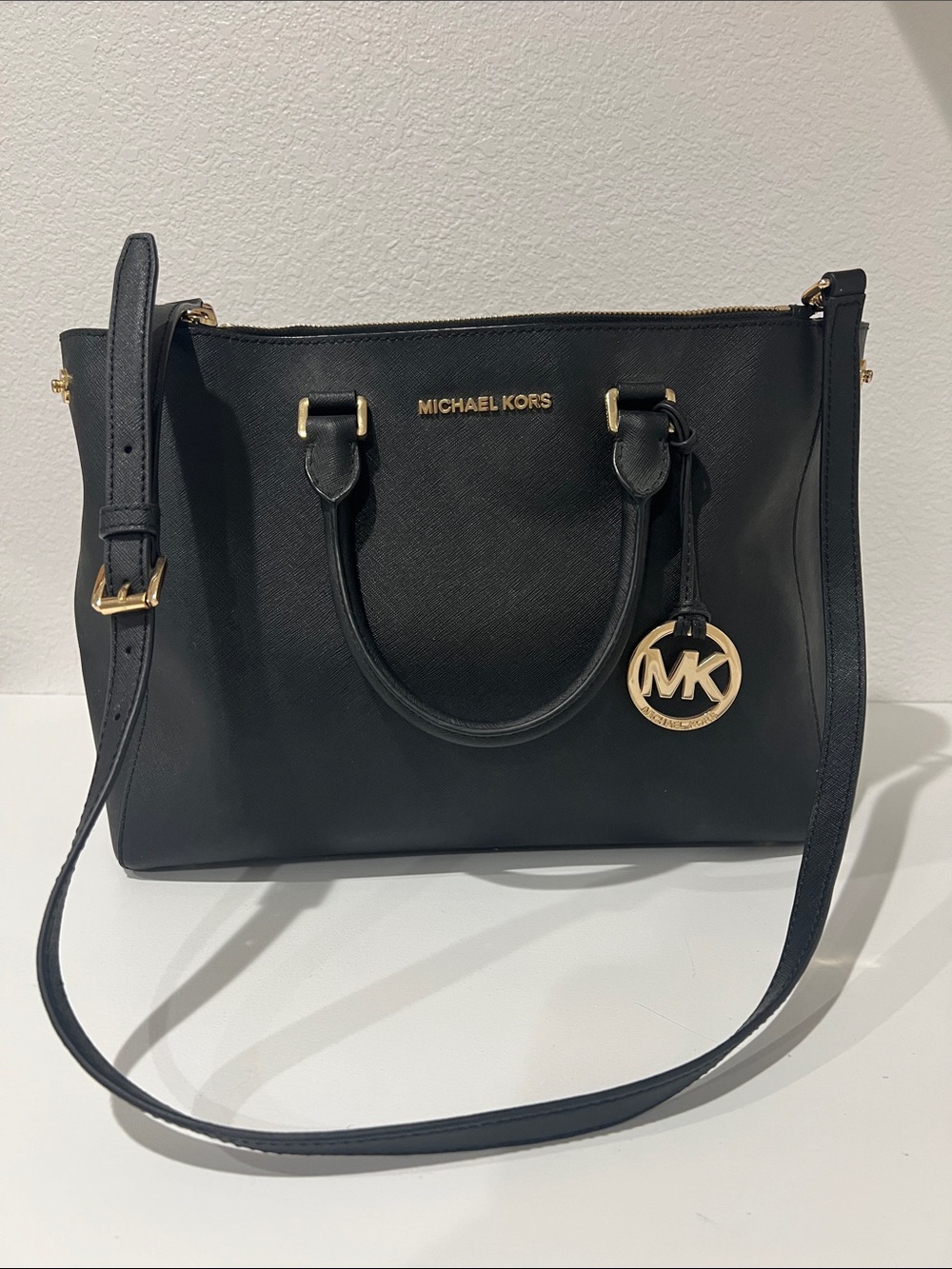 Michael Kors Black Saffiano Leather Satchel with Gold Hardware